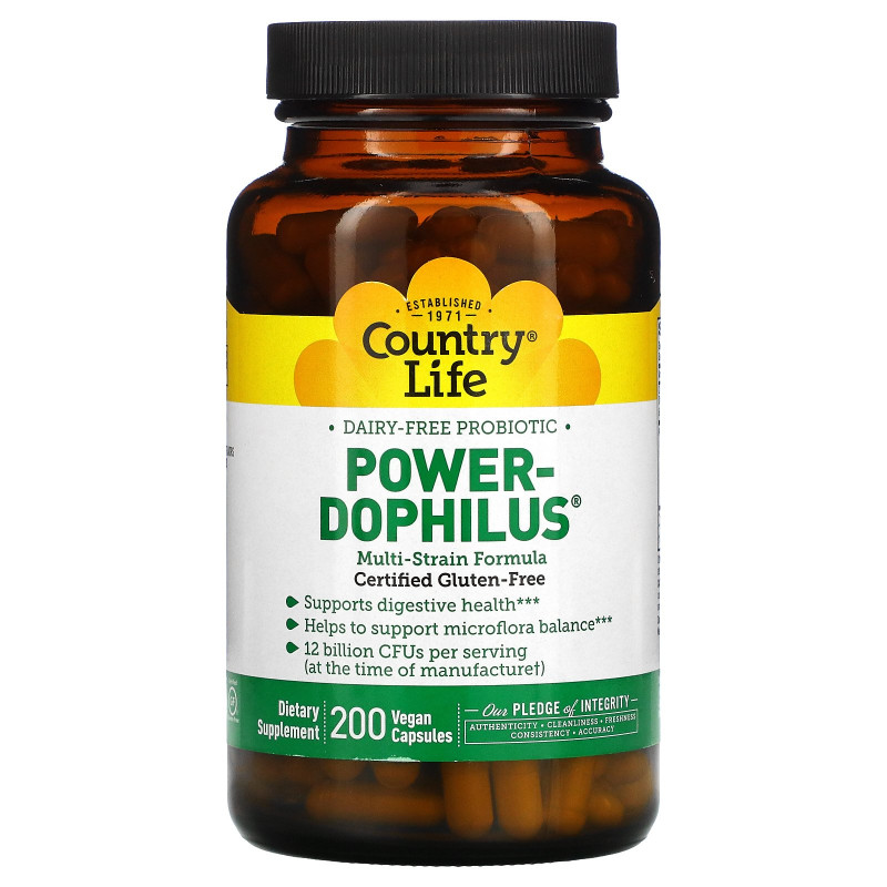 Country Life, Country Life, не содержит глютена, пробиотик Power-Dophilus, 200 веганских капсул