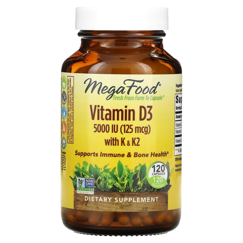 MegaFood, Vitamin D3 with K & K2, 5,000 IU (125 mcg), 120 Capsules