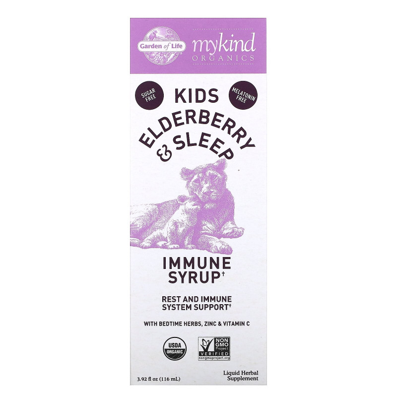 Garden of Life, Mykind Organics, Kids Elderberry & Sleep, Immune Syrup with Bedtime Herbs, Zinc & Vitamin C, 3.92 fl oz ( 116 ml)