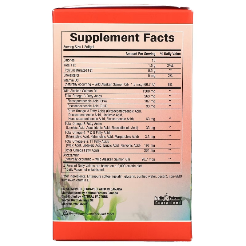 Natural Factors, 100% Wild Alaskan Salmon Oil, 1300 mg, 90 Enteripure Softgels