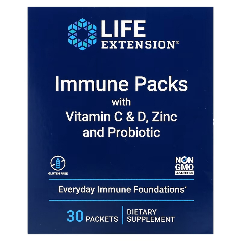 Life Extension, Immune Packs With Vitamin C & D, Zinc And Probiotic, 30 Packets