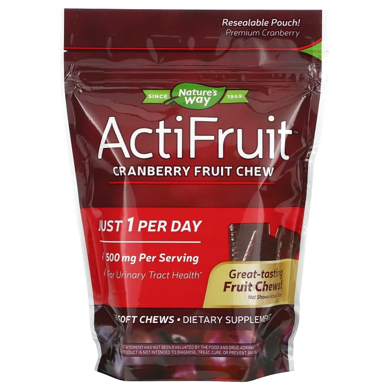 Enzymatic Therapy ActiFruit, Пищевая добавка на основе клюквы в жевательных капсулах, для Здоровья Мочевыводящих Путей, 20 жевательных конфет