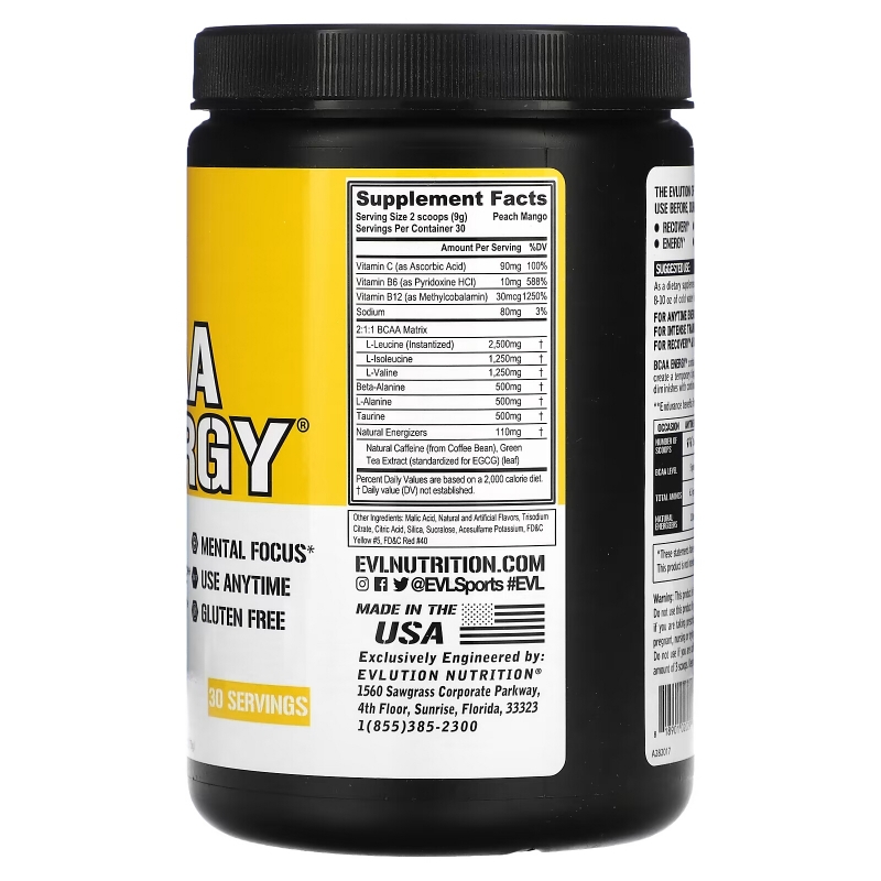 EVLution Nutrition, BCAA Energy, Peach Mango, 9.52 oz (270 g)