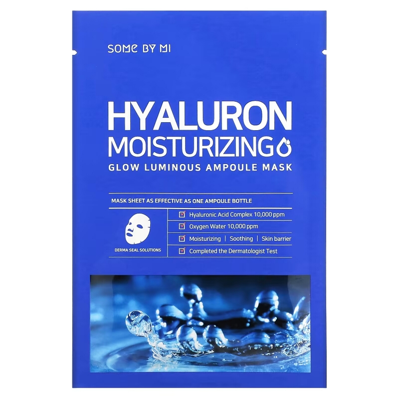 Some By Mi, Hyaluron Moisturizing, увлажняющая тканевая маска с гиалуроновой кислотой для сияния кожи, 10 шт. по 25 г