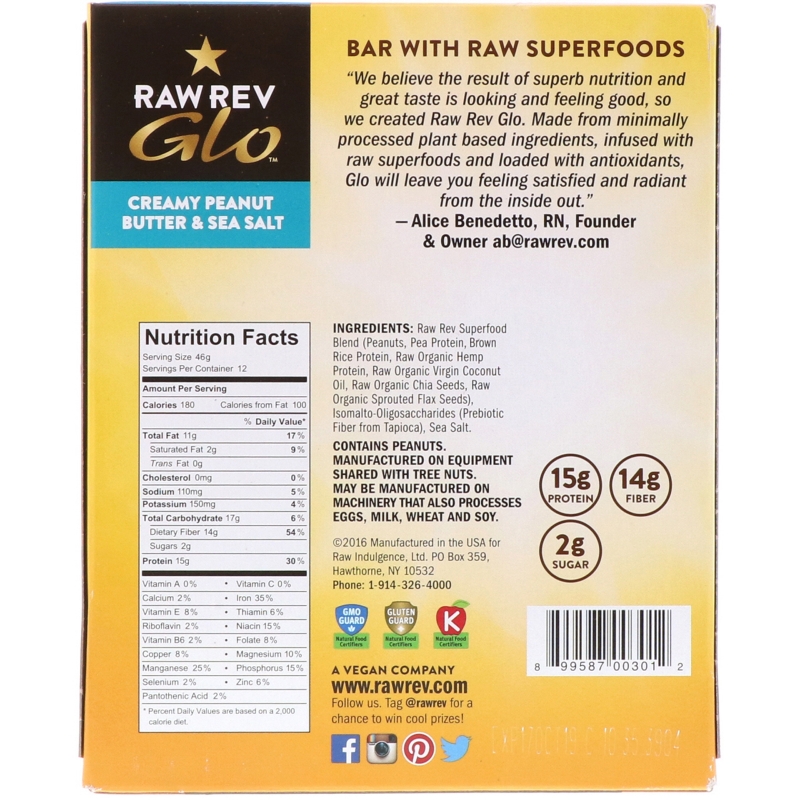 Raw Revolution Glo Creamy Peanut Butter & Sea Salt 12 Bars 1.6 oz (46 g) Each